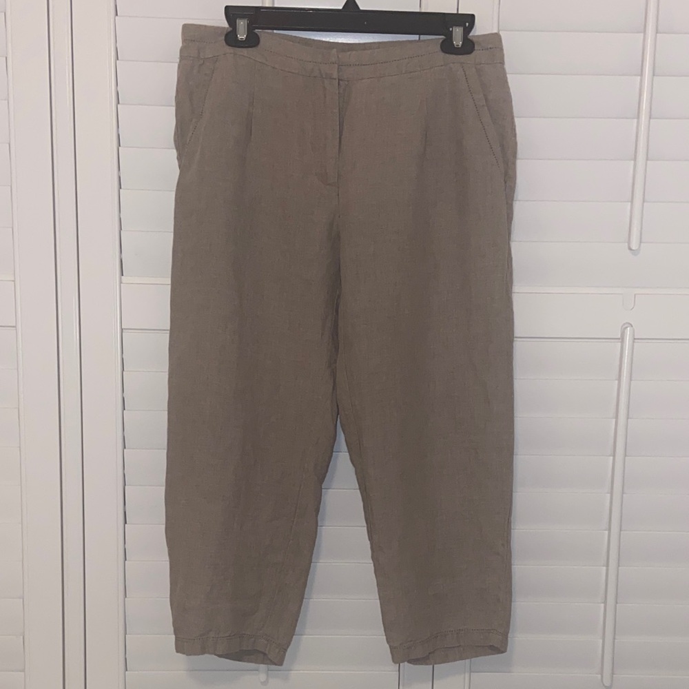 Eileen Fisher Zip Up Cropped Relaxed 100% Organic Linen Pants Beige Woman’s S